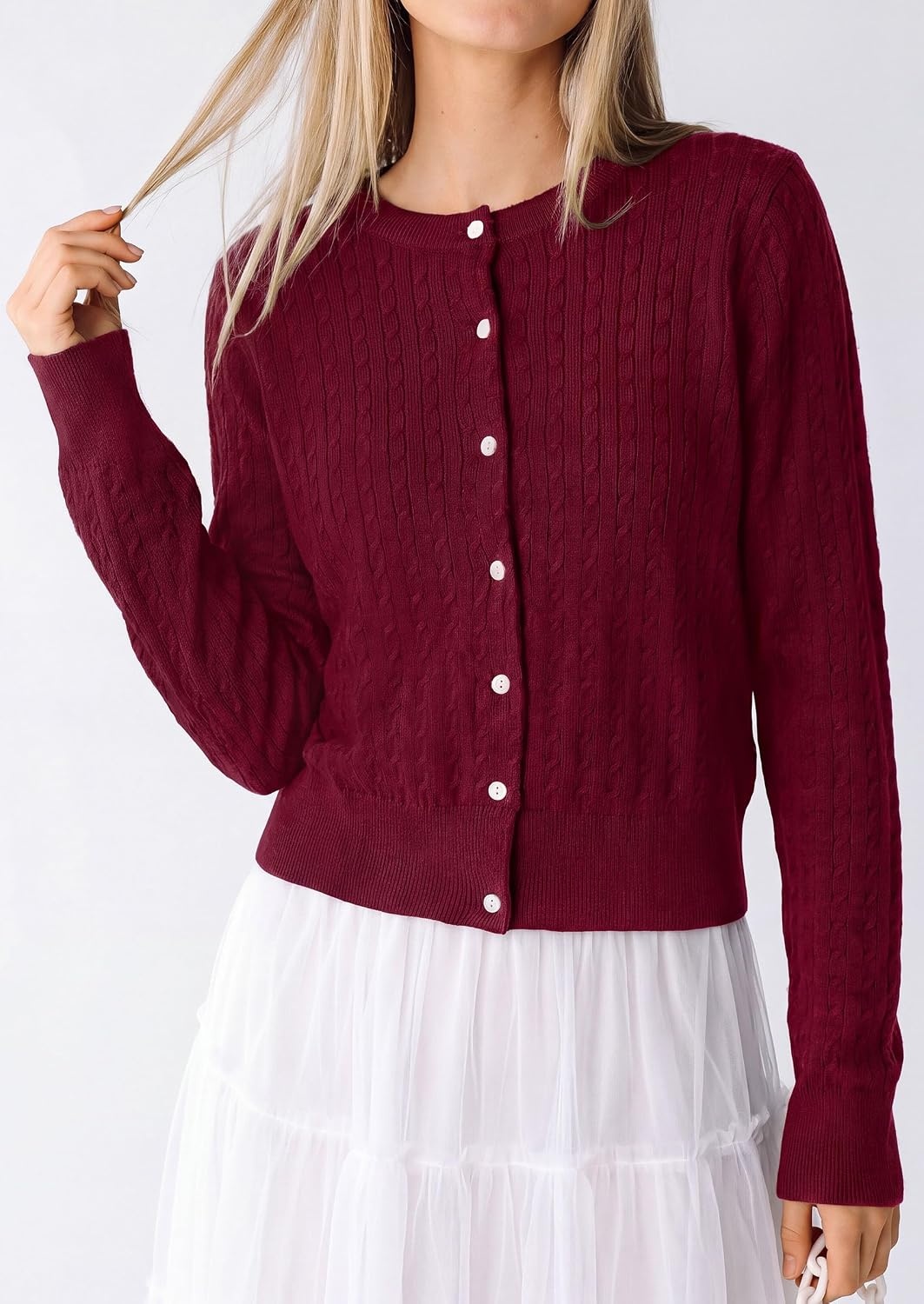image:imagePRETTYGARDEN Women Lightweight Button Up Cardigan SweatersBurgundy