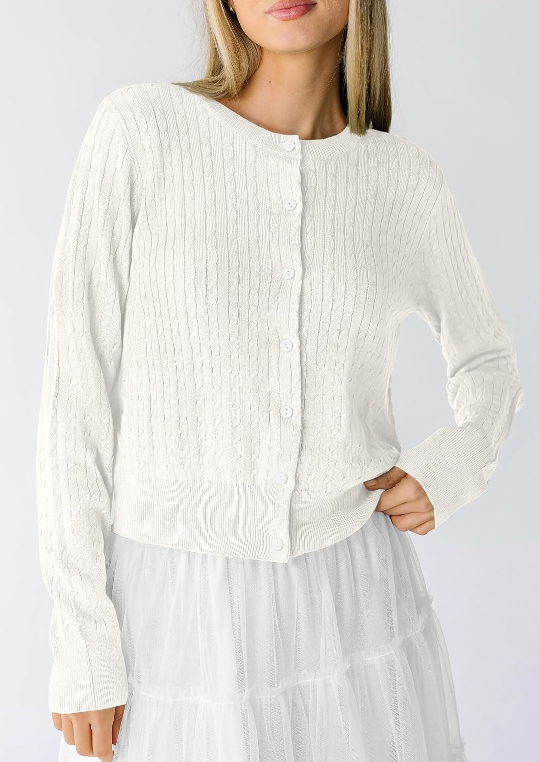 image:imagePRETTYGARDEN Women Lightweight Button Up Cardigan SweatersWhite