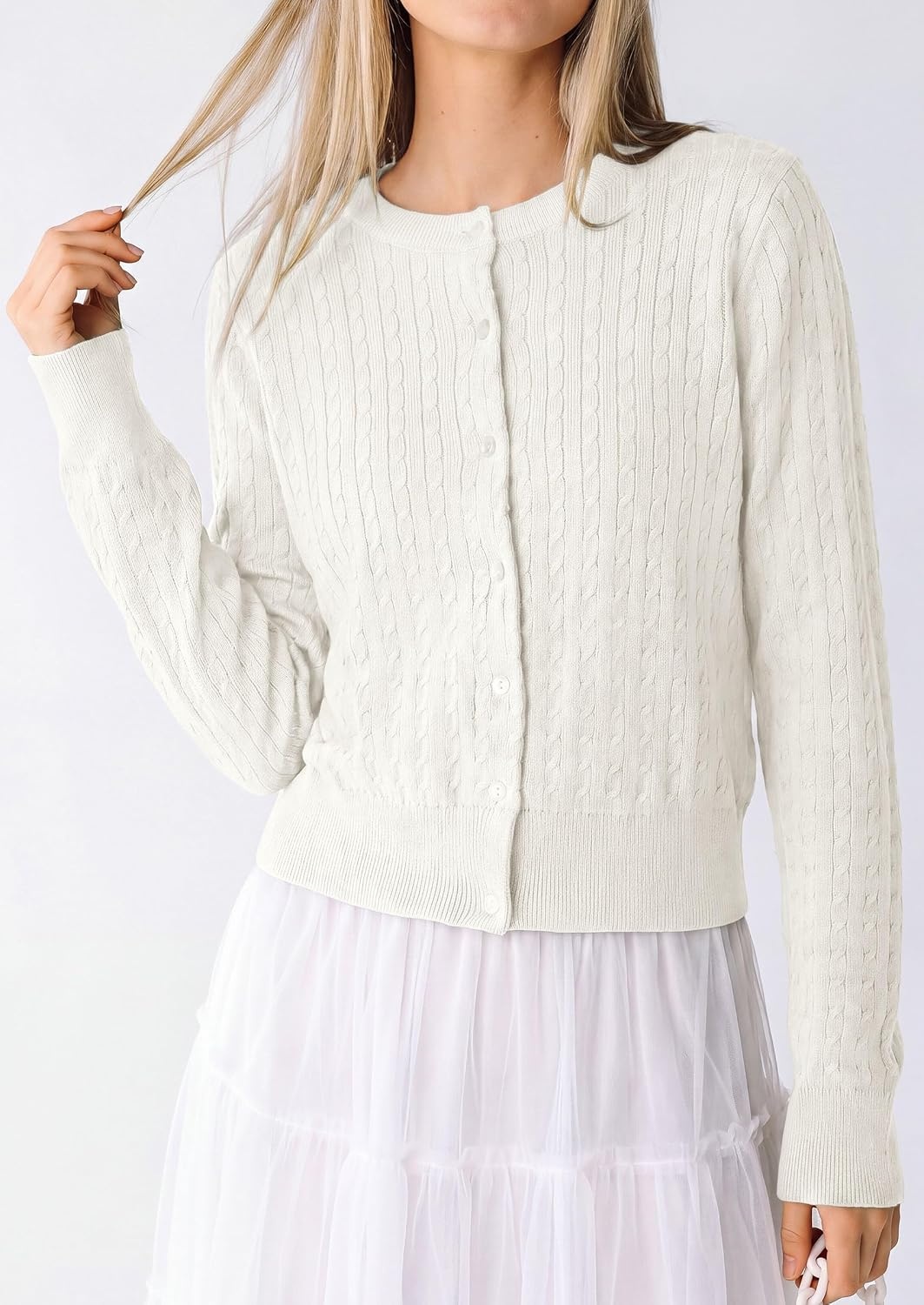 image:imagePRETTYGARDEN Women Lightweight Button Up Cardigan SweatersWhite