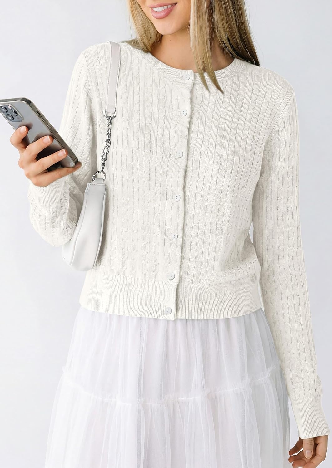 image:imagePRETTYGARDEN Women Lightweight Button Up Cardigan SweatersWhite