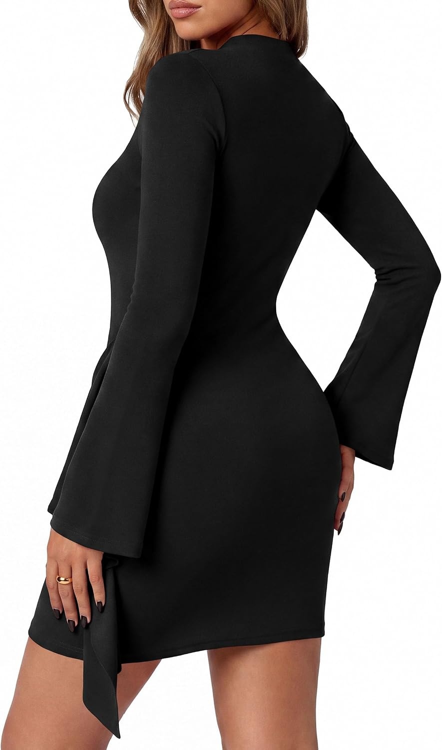 image:imagePRETTYGARDEN Women Long Sleeve Bodycon Ruched Mini DressBlack