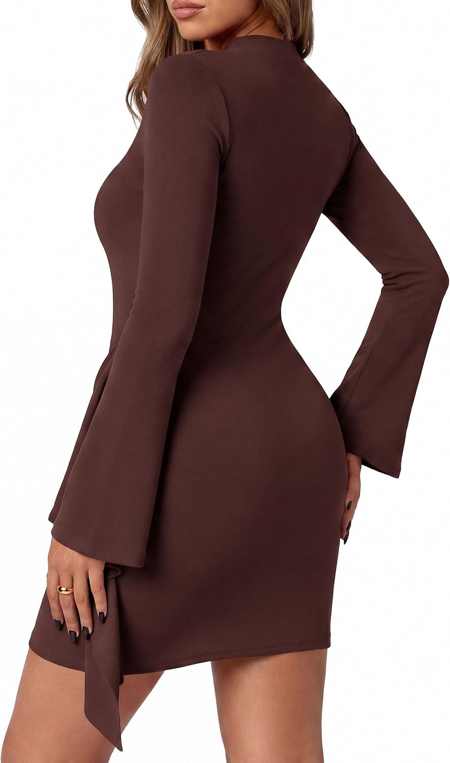 image:imagePRETTYGARDEN Women Long Sleeve Bodycon Ruched Mini DressBrown