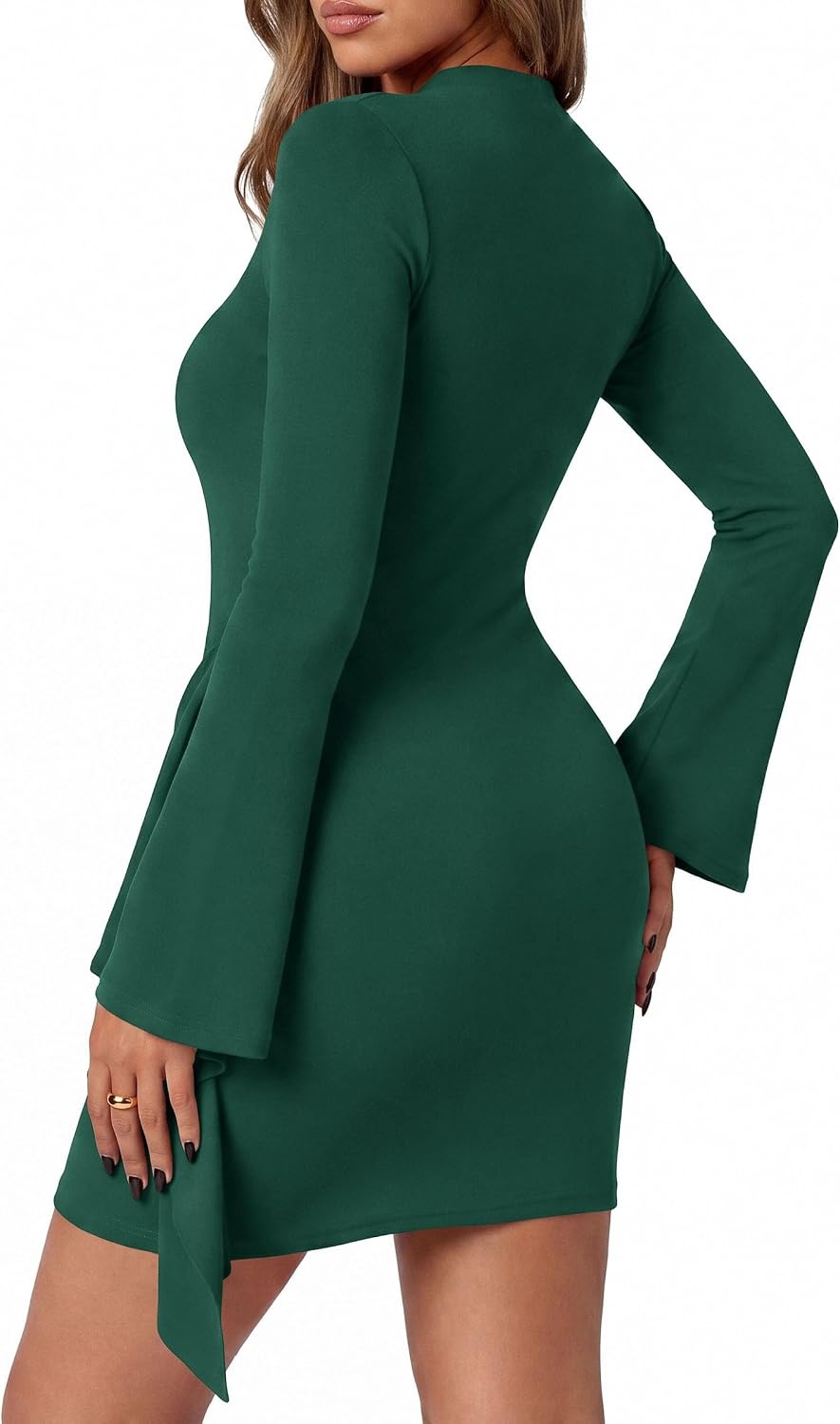 image:imagePRETTYGARDEN Women Long Sleeve Bodycon Ruched Mini DressDark Green