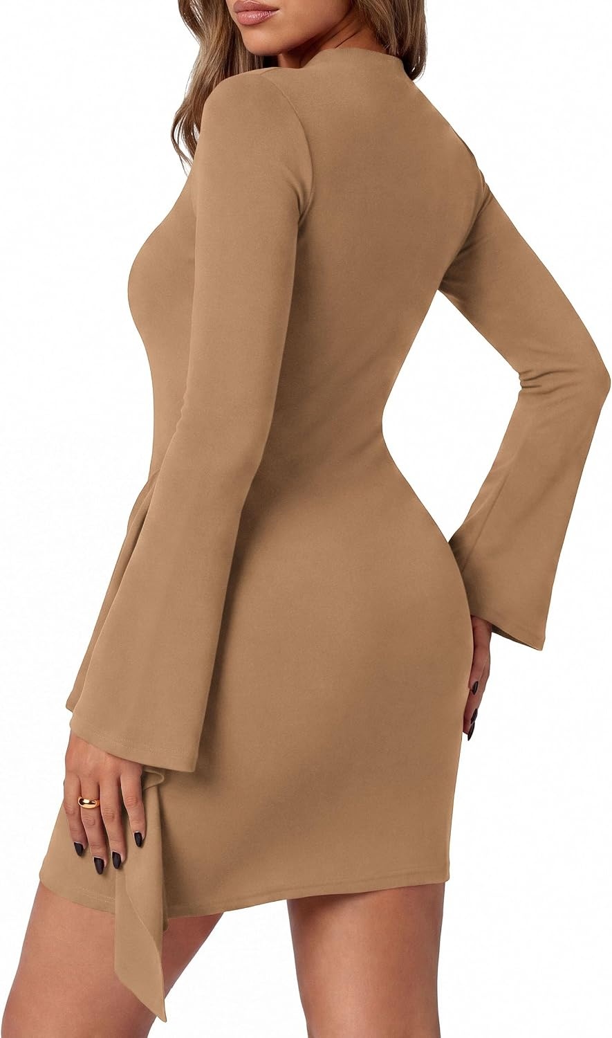 image:imagePRETTYGARDEN Women Long Sleeve Bodycon Ruched Mini DressKhaki