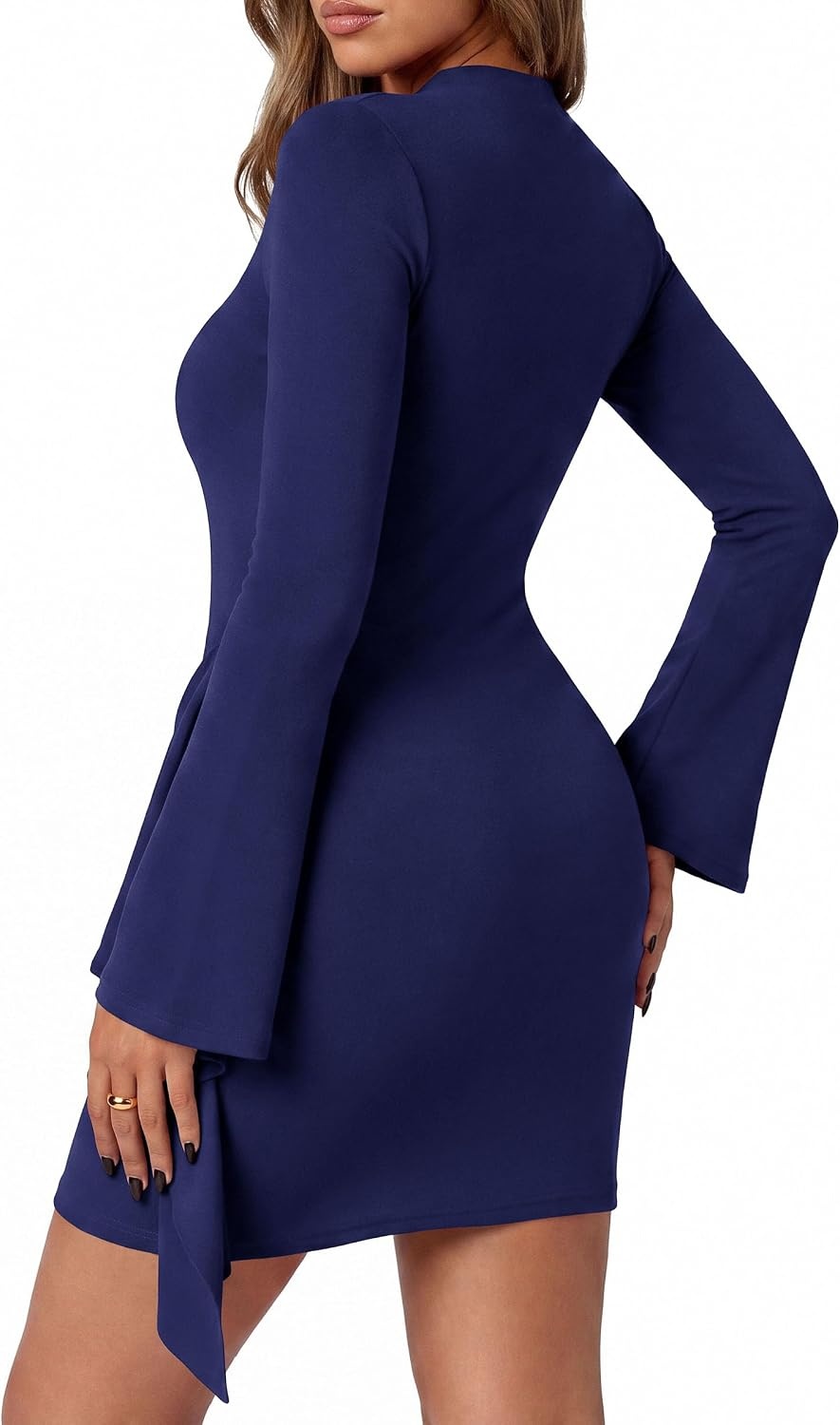 image:imagePRETTYGARDEN Women Long Sleeve Bodycon Ruched Mini DressNavy Blue