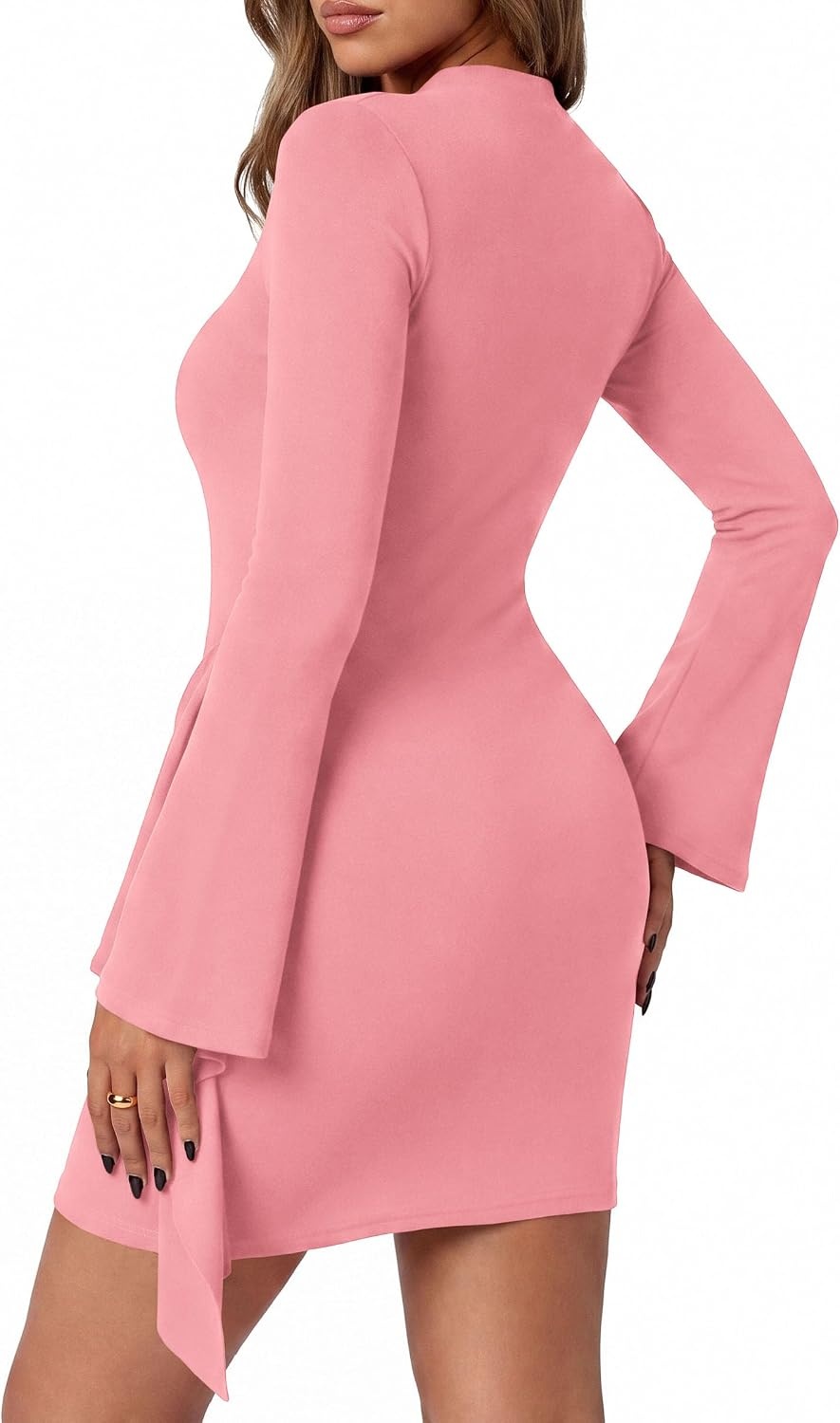 image:imagePRETTYGARDEN Women Long Sleeve Bodycon Ruched Mini DressPink