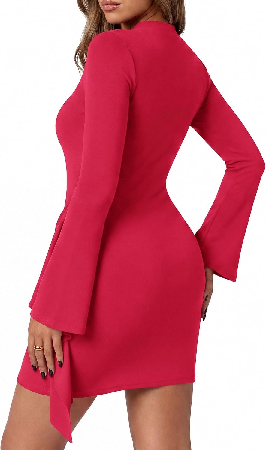 image:imagePRETTYGARDEN Women Long Sleeve Bodycon Ruched Mini DressRed