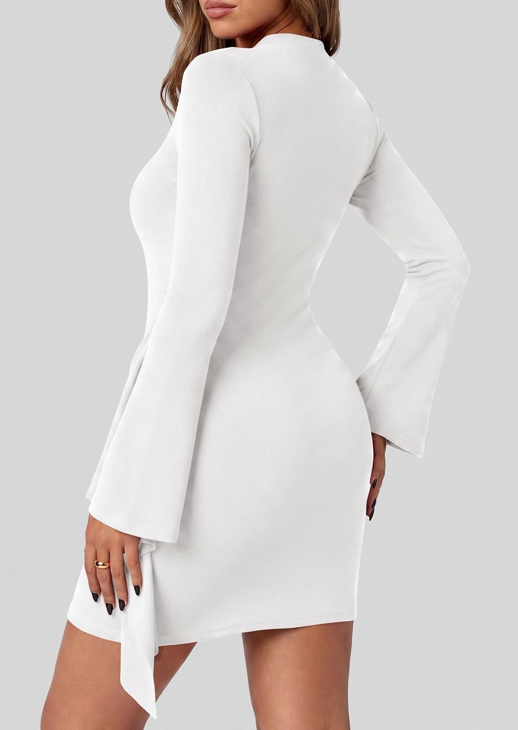 image:imagePRETTYGARDEN Women Long Sleeve Bodycon Ruched Mini DressWhite