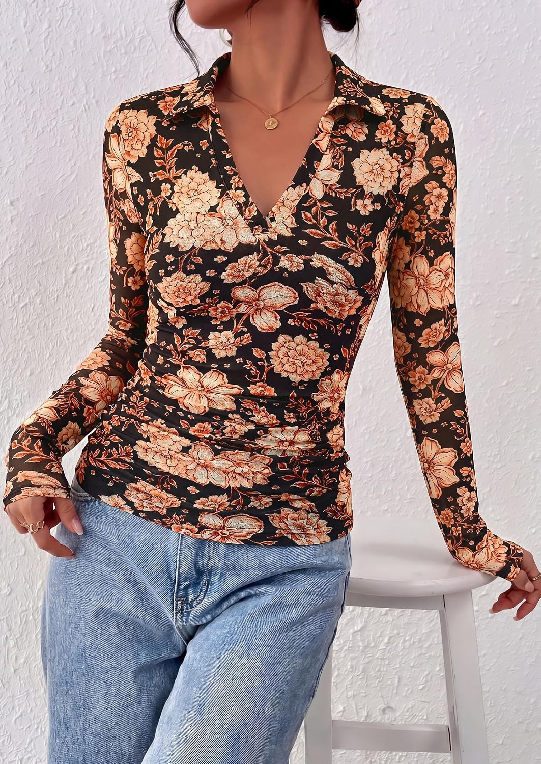 image:imagePRETTYGARDEN Women Long Sleeve Boho Floral Mesh TopsBlack Apricot Floral