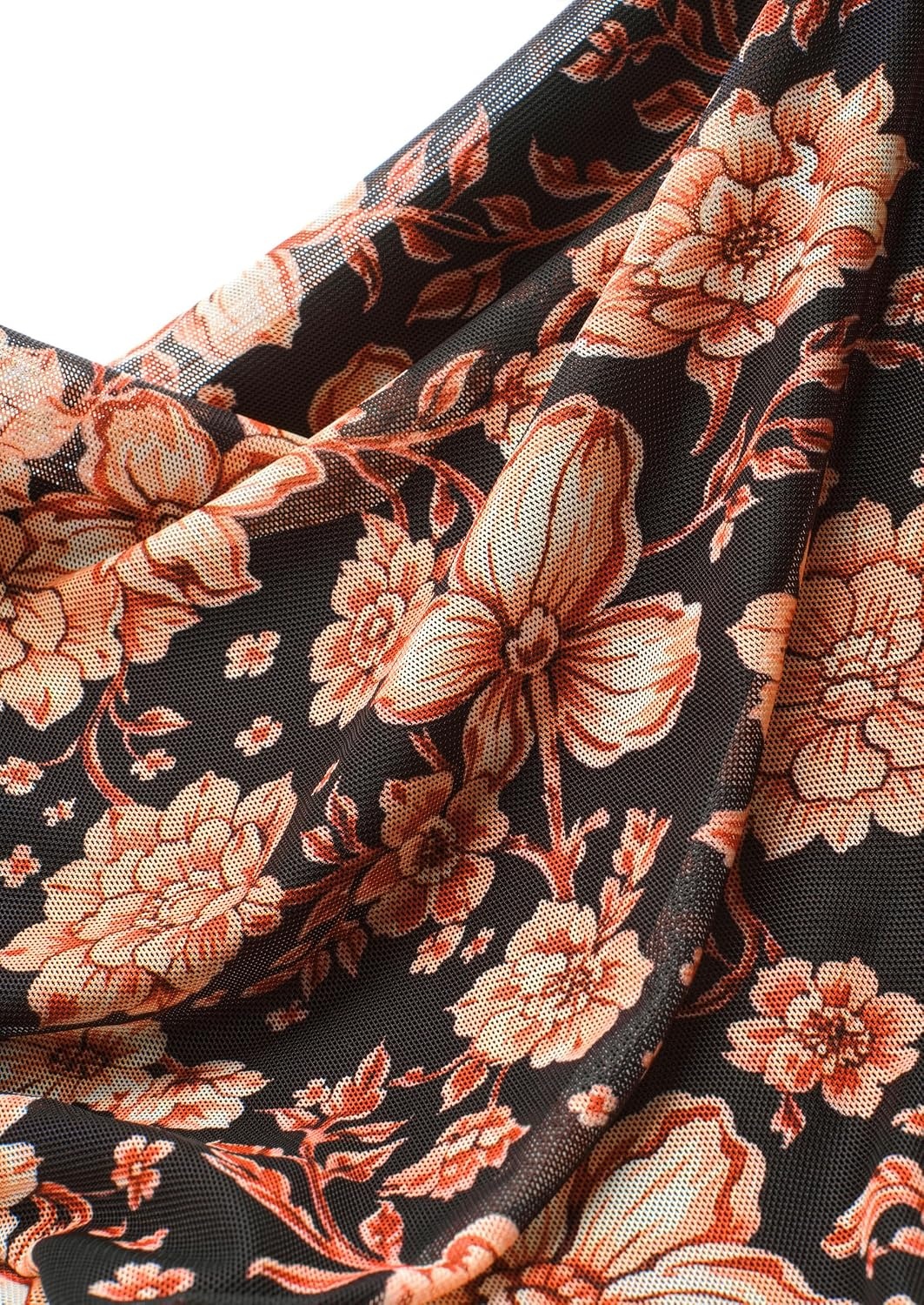 image:imagePRETTYGARDEN Women Long Sleeve Boho Floral Mesh TopsBlack Apricot Floral