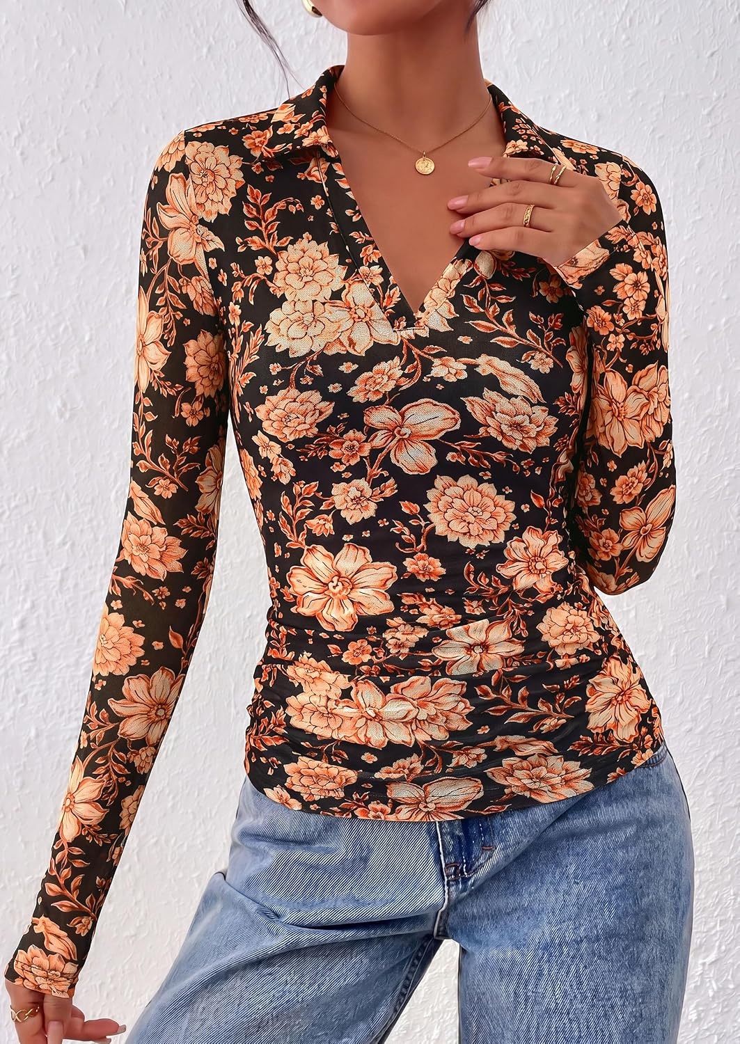 image:imagePRETTYGARDEN Women Long Sleeve Boho Floral Mesh TopsBlack Apricot Floral
