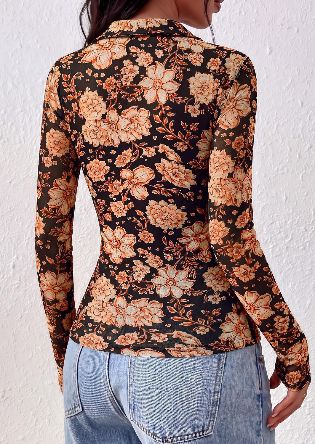 image:imagePRETTYGARDEN Women Long Sleeve Boho Floral Mesh TopsBlack Apricot Floral