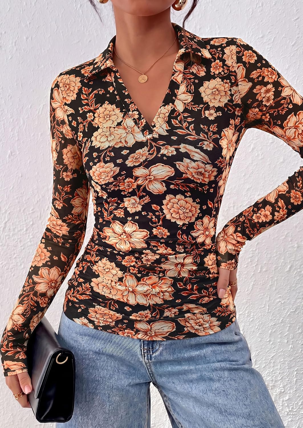 image:imagePRETTYGARDEN Women Long Sleeve Boho Floral Mesh TopsBlack Apricot Floral