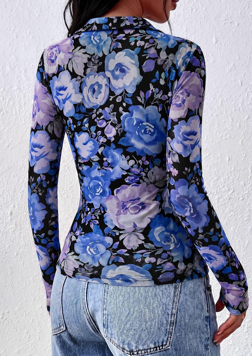 image:imagePRETTYGARDEN Women Long Sleeve Boho Floral Mesh TopsBlack Blue Floral