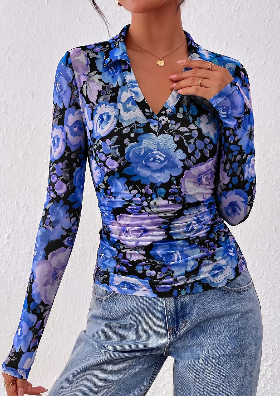 image:imagePRETTYGARDEN Women Long Sleeve Boho Floral Mesh TopsBlack Blue Floral