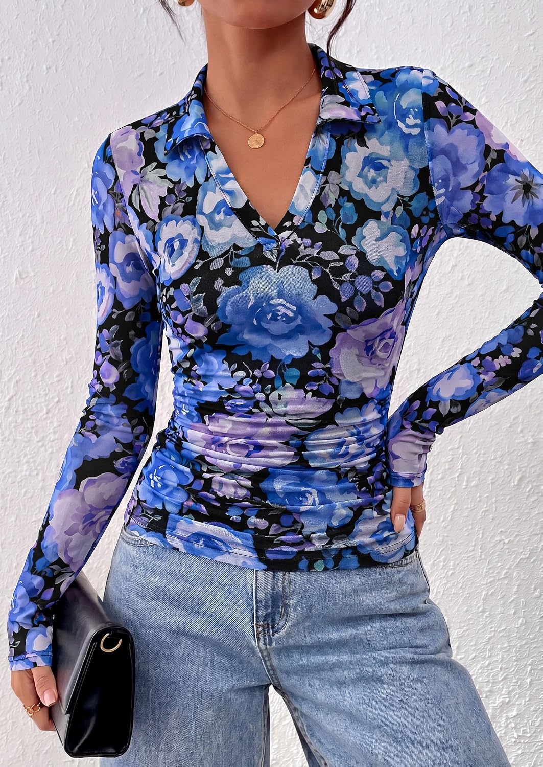 image:imagePRETTYGARDEN Women Long Sleeve Boho Floral Mesh TopsBlack Blue Floral
