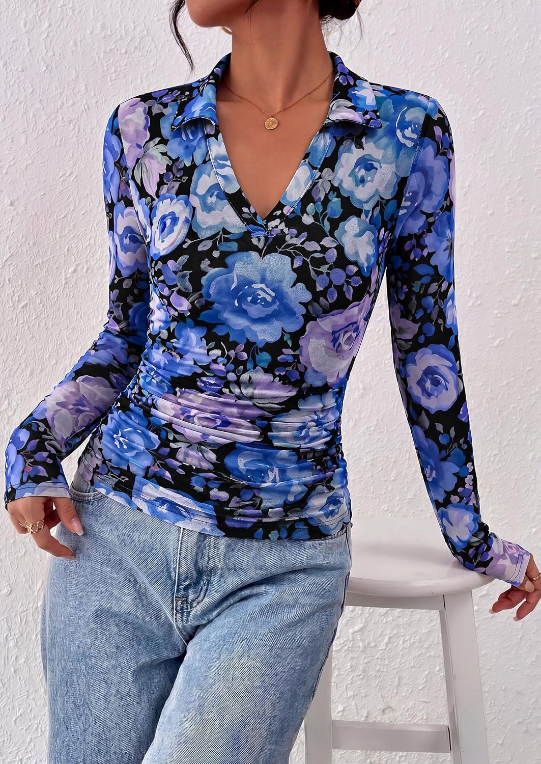 image:imagePRETTYGARDEN Women Long Sleeve Boho Floral Mesh TopsBlack Blue Floral