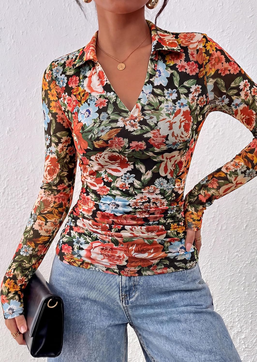 image:imagePRETTYGARDEN Women Long Sleeve Boho Floral Mesh TopsBlack Floral