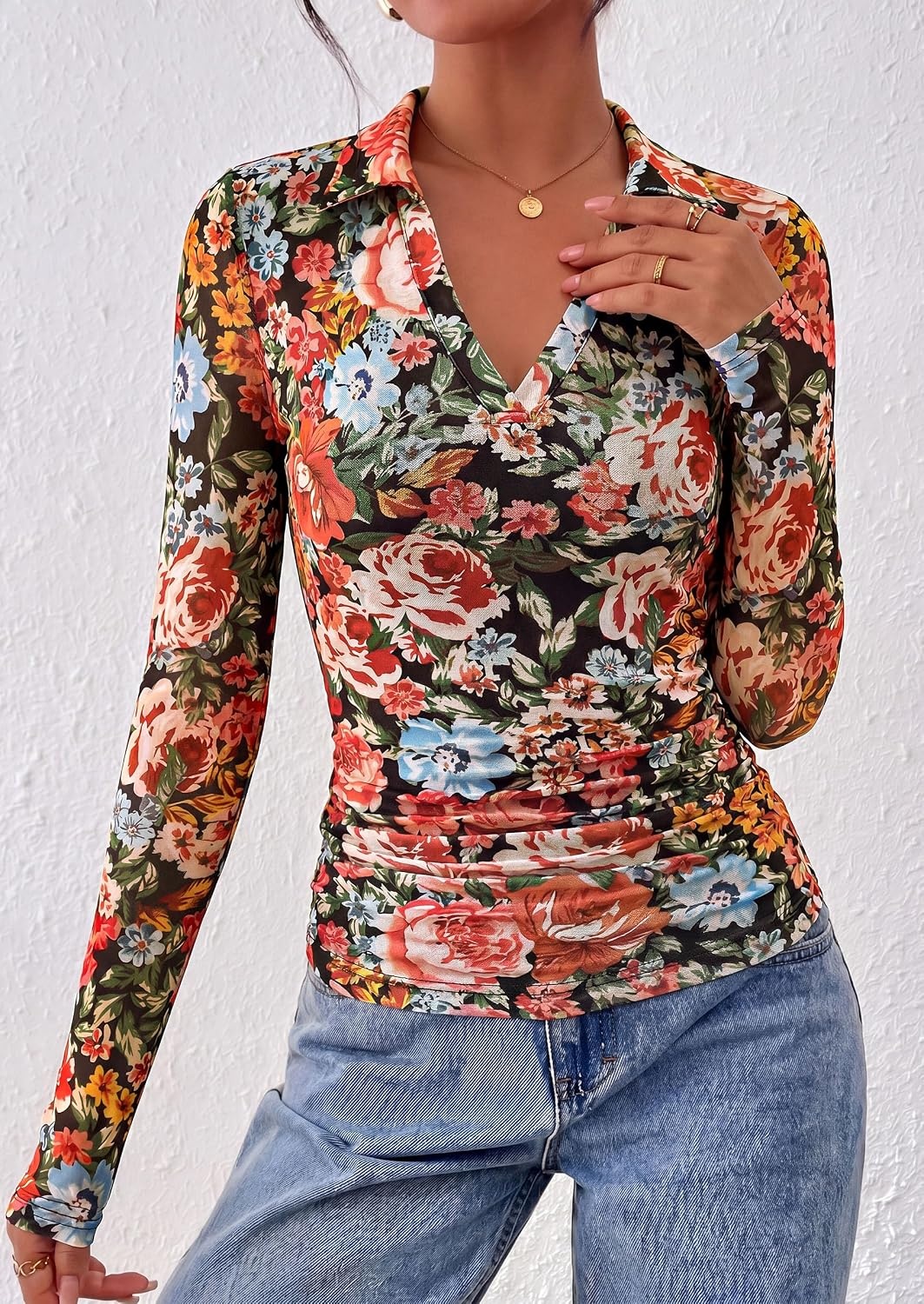 image:imagePRETTYGARDEN Women Long Sleeve Boho Floral Mesh TopsBlack Floral