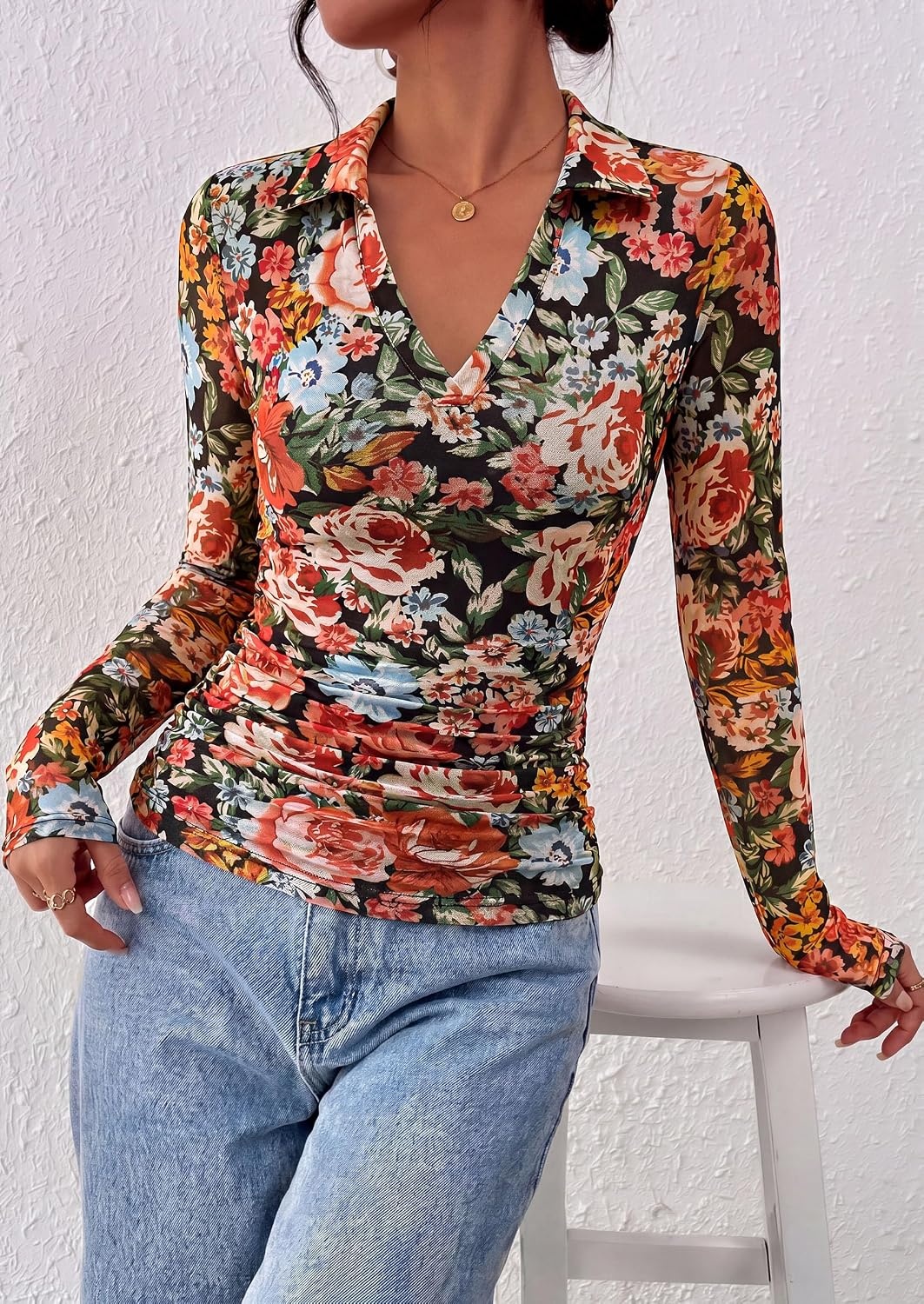 image:imagePRETTYGARDEN Women Long Sleeve Boho Floral Mesh TopsBlack Floral