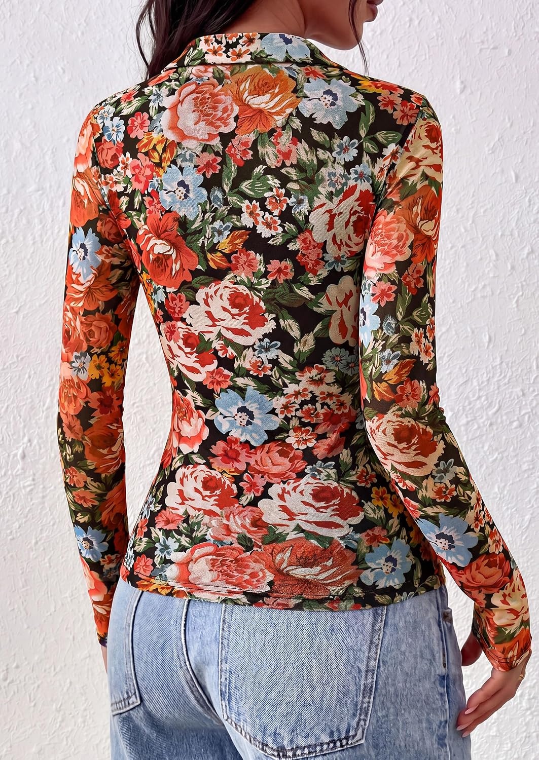 image:imagePRETTYGARDEN Women Long Sleeve Boho Floral Mesh TopsBlack Floral