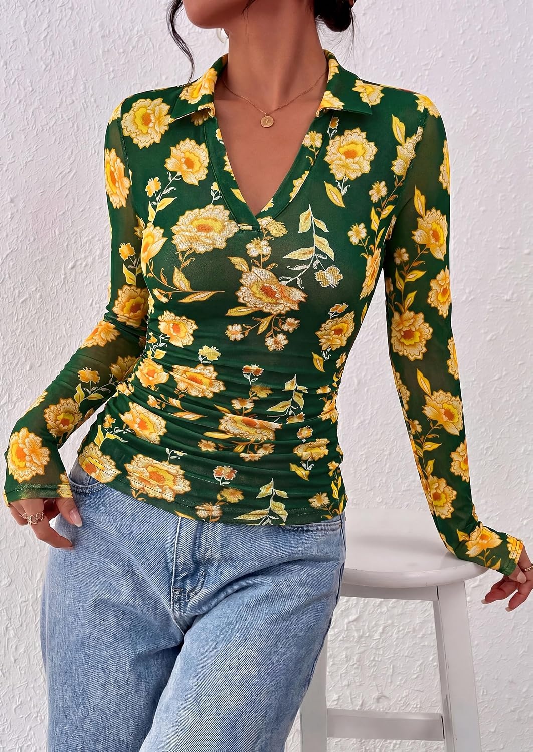 image:imagePRETTYGARDEN Women Long Sleeve Boho Floral Mesh TopsGreen