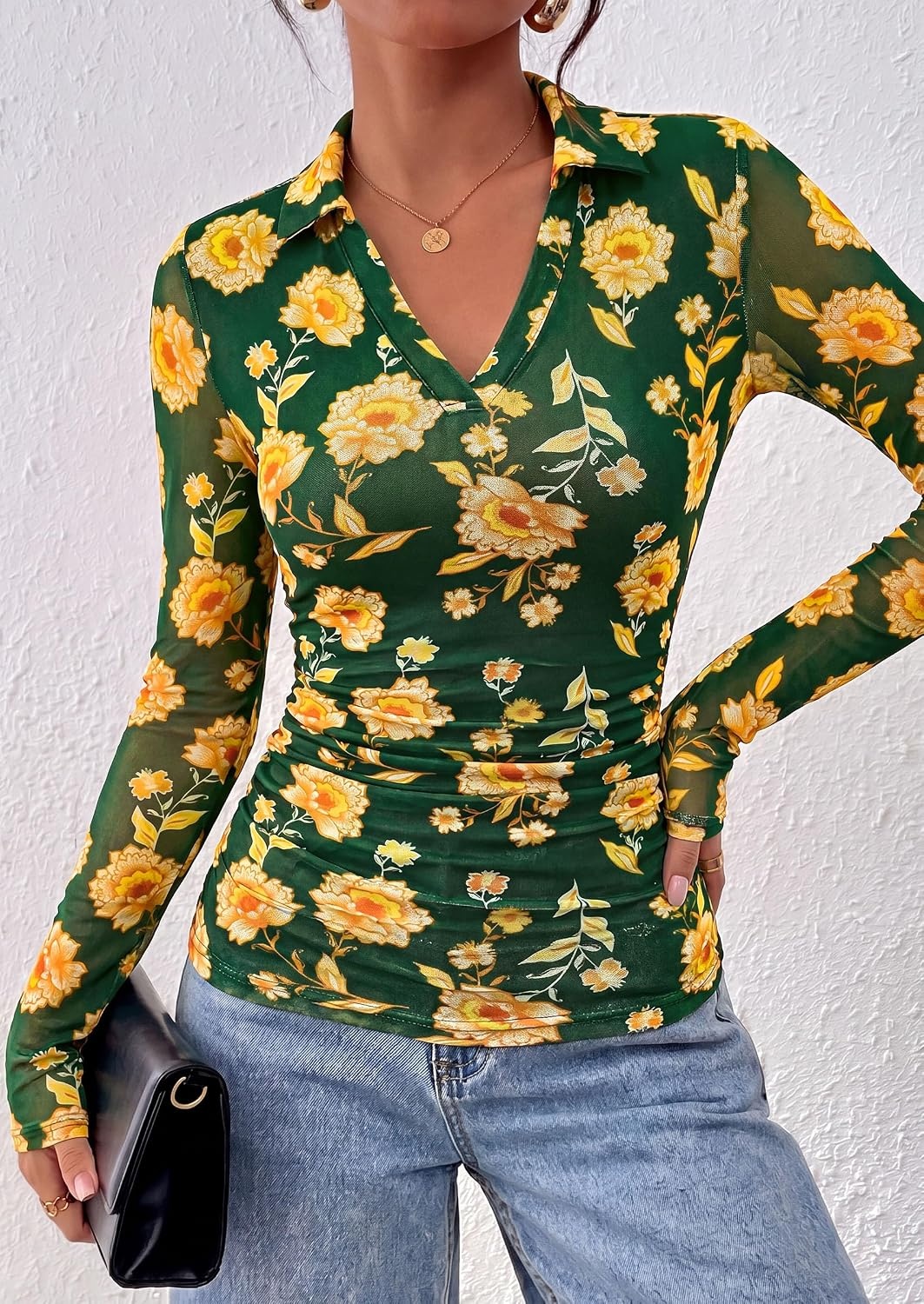 image:imagePRETTYGARDEN Women Long Sleeve Boho Floral Mesh TopsGreen