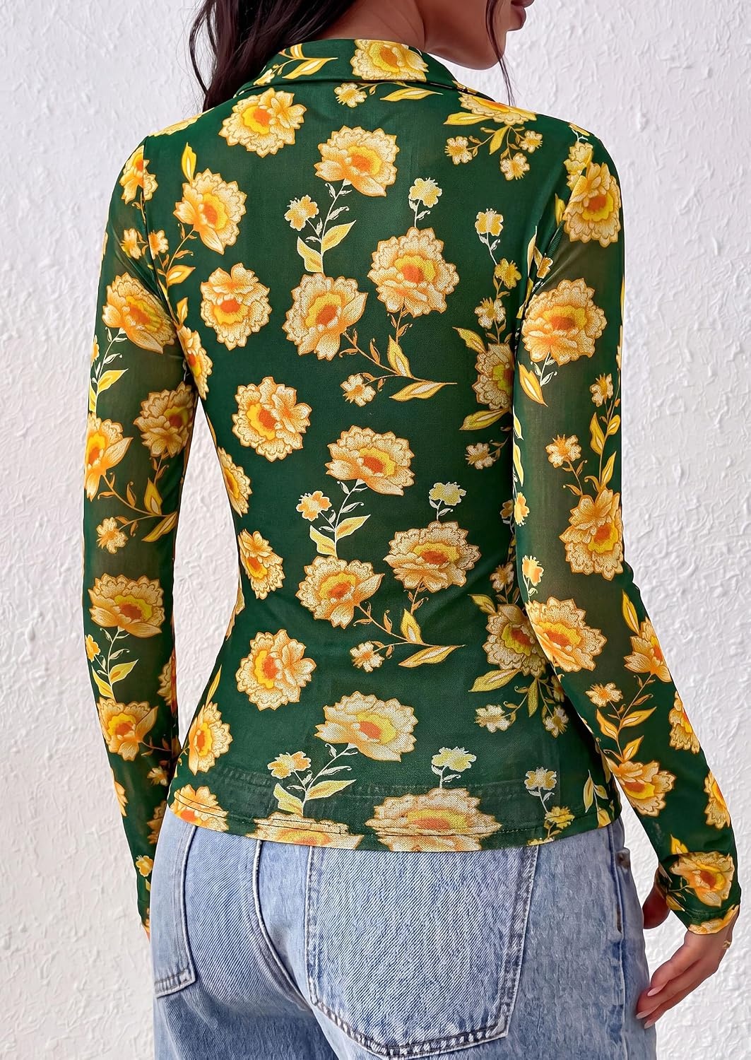 image:imagePRETTYGARDEN Women Long Sleeve Boho Floral Mesh TopsGreen