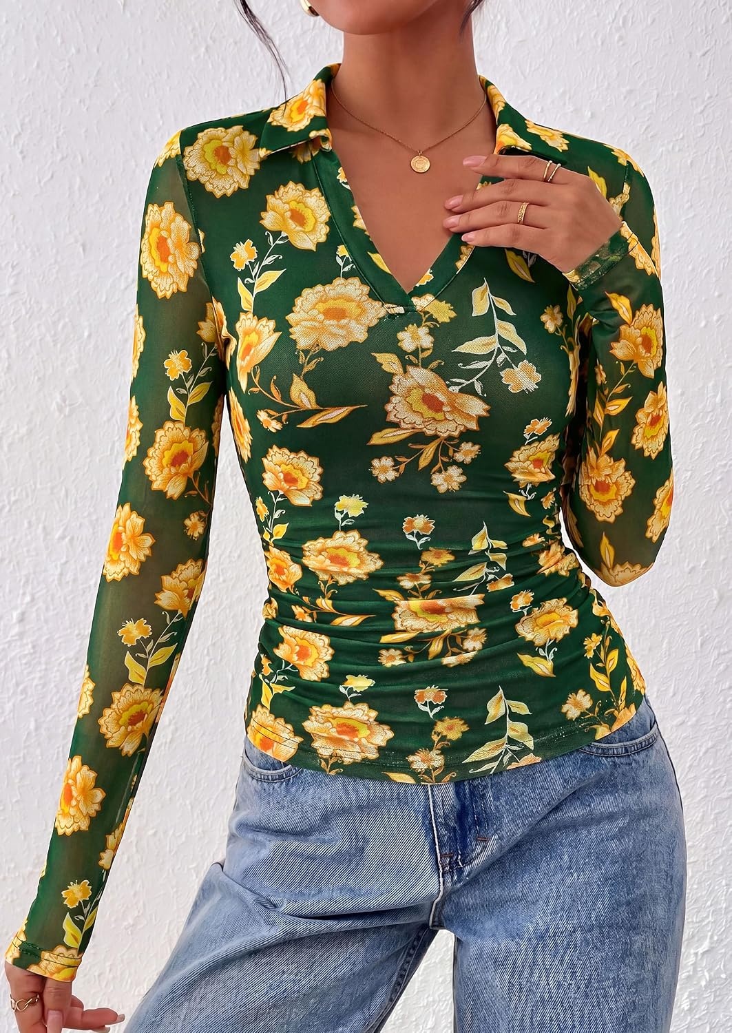 image:imagePRETTYGARDEN Women Long Sleeve Boho Floral Mesh TopsGreen