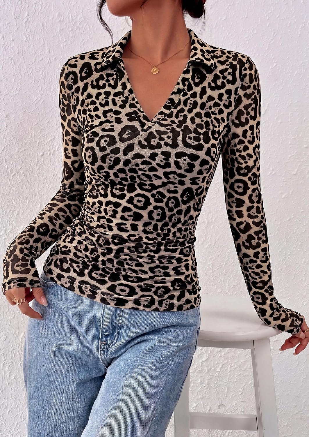 image:imagePRETTYGARDEN Women Long Sleeve Boho Floral Mesh TopsLeopard