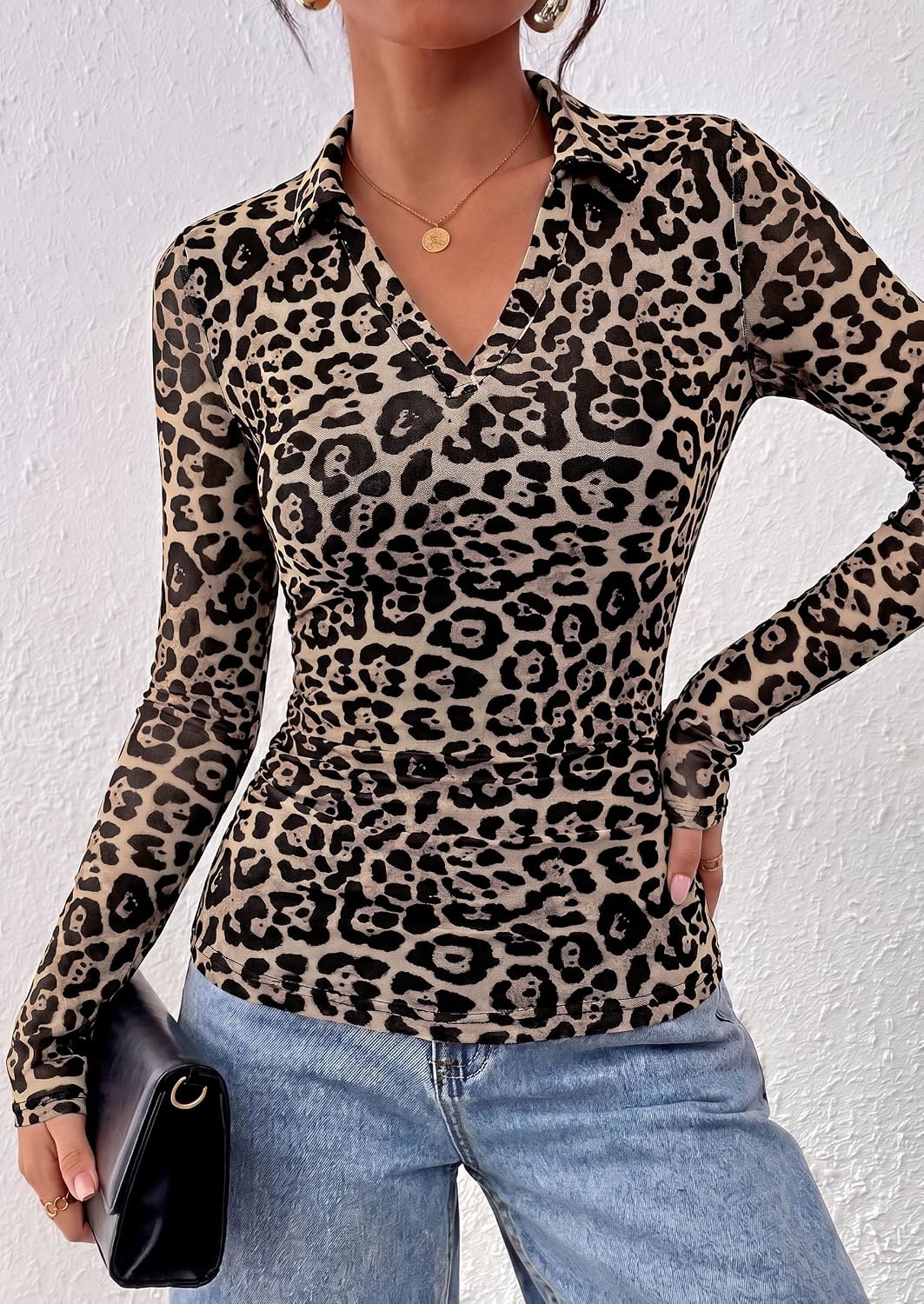 image:imagePRETTYGARDEN Women Long Sleeve Boho Floral Mesh TopsLeopard