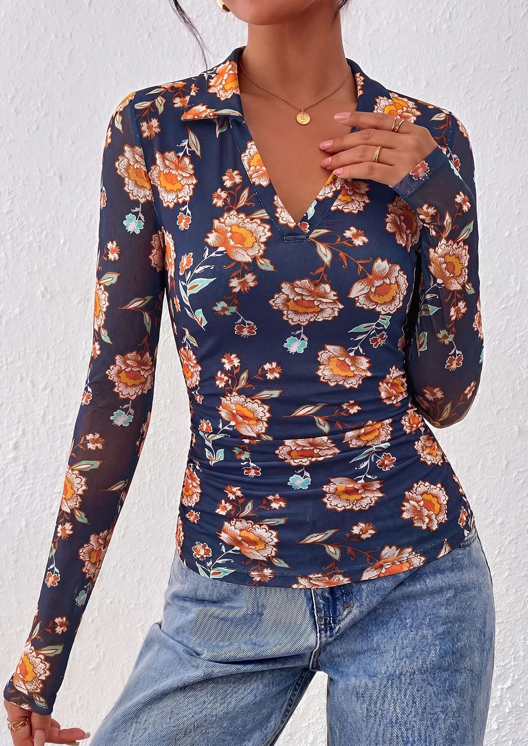image:imagePRETTYGARDEN Women Long Sleeve Boho Floral Mesh TopsNavy Blue