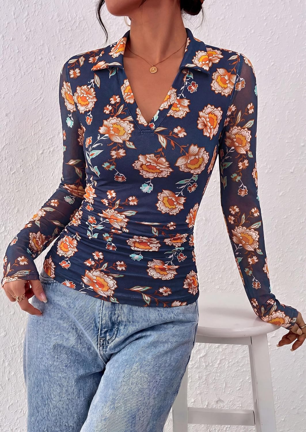 image:imagePRETTYGARDEN Women Long Sleeve Boho Floral Mesh TopsNavy Blue