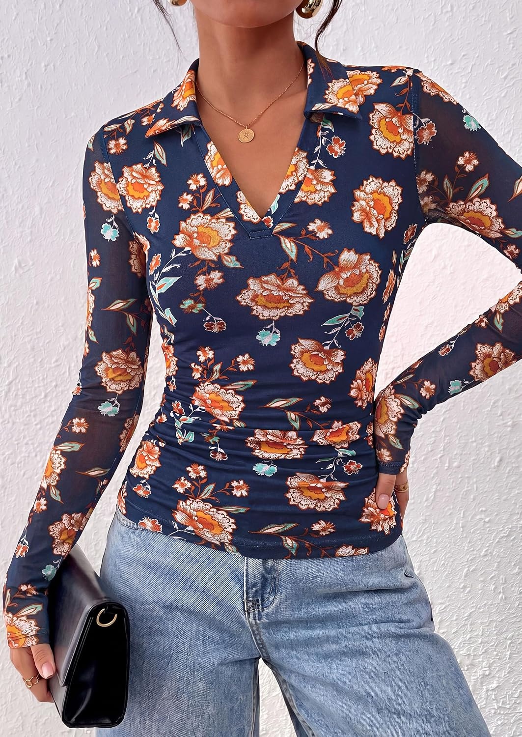 image:imagePRETTYGARDEN Women Long Sleeve Boho Floral Mesh TopsNavy Blue