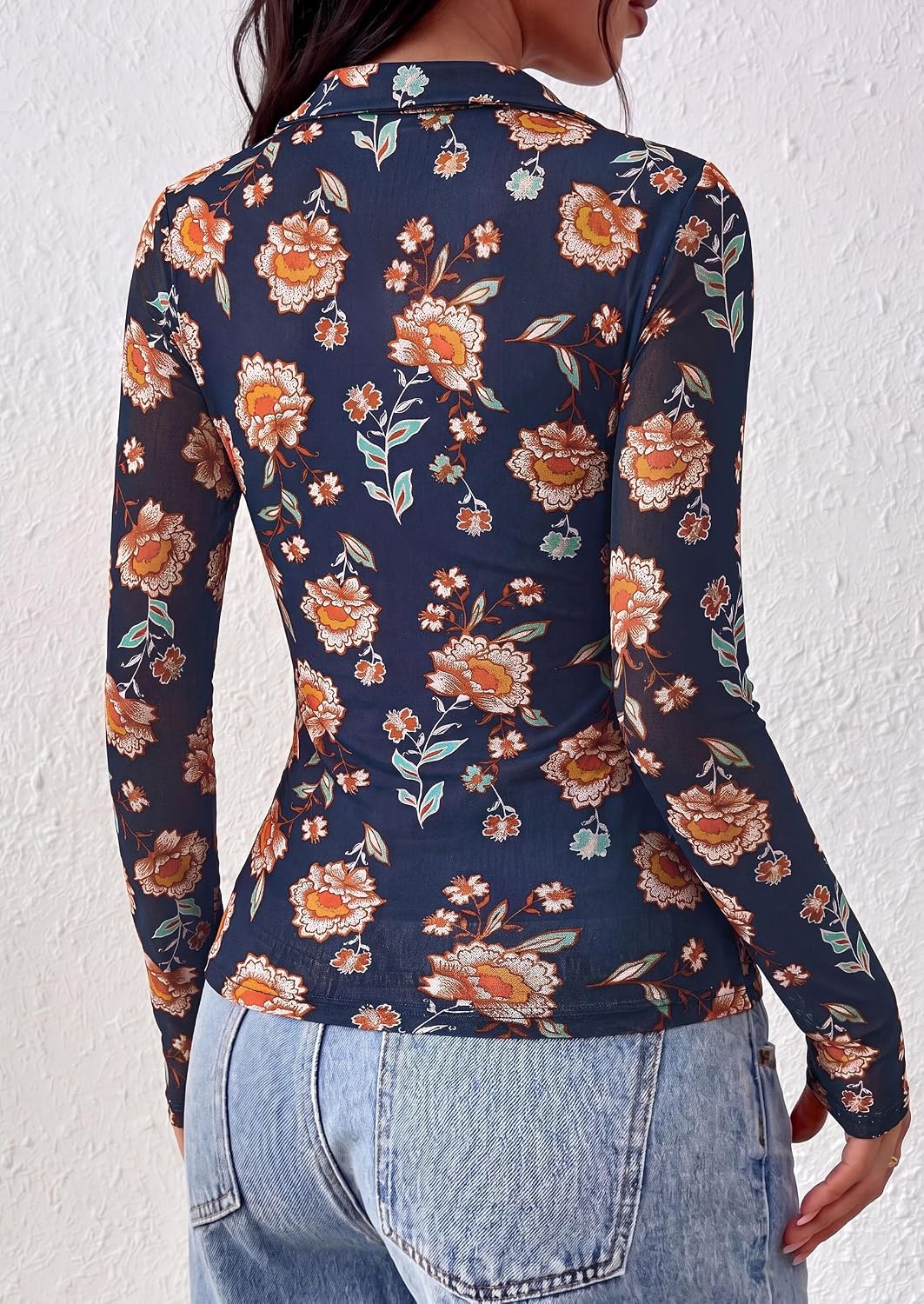 image:imagePRETTYGARDEN Women Long Sleeve Boho Floral Mesh TopsNavy Blue