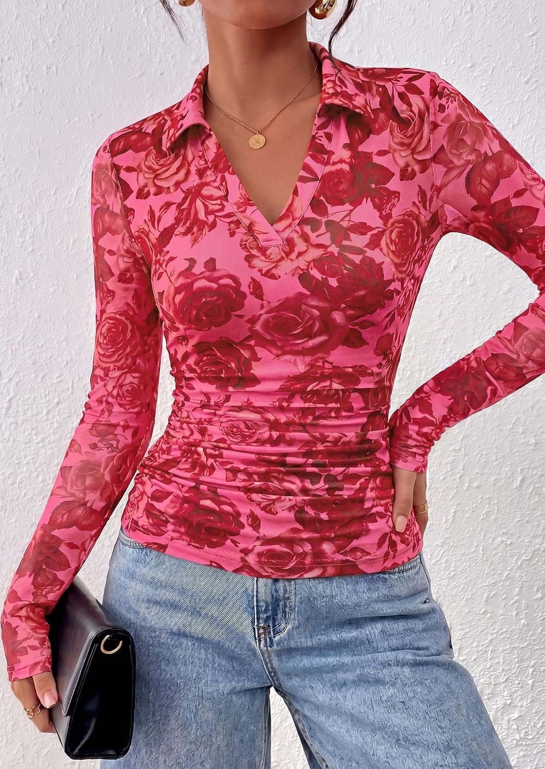 image:imagePRETTYGARDEN Women Long Sleeve Boho Floral Mesh TopsPink Red Floral