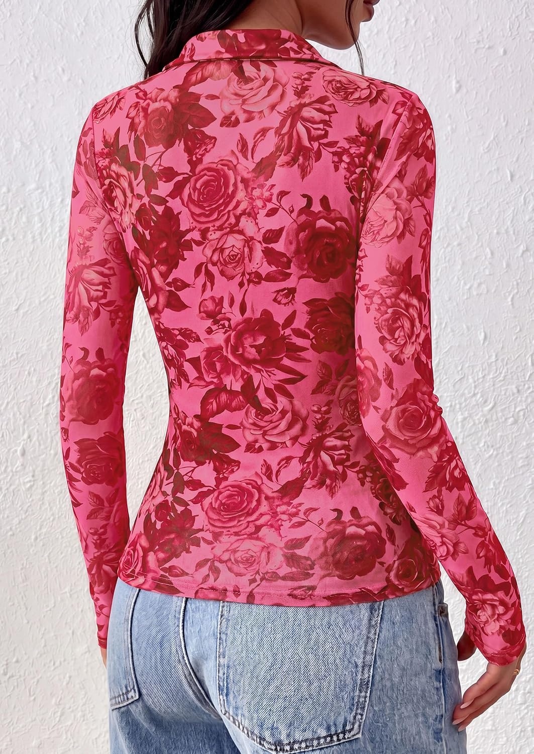 image:imagePRETTYGARDEN Women Long Sleeve Boho Floral Mesh TopsPink Red Floral