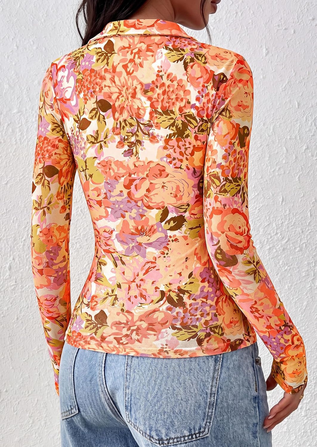 image:imagePRETTYGARDEN Women Long Sleeve Boho Floral Mesh TopsRed Pink
