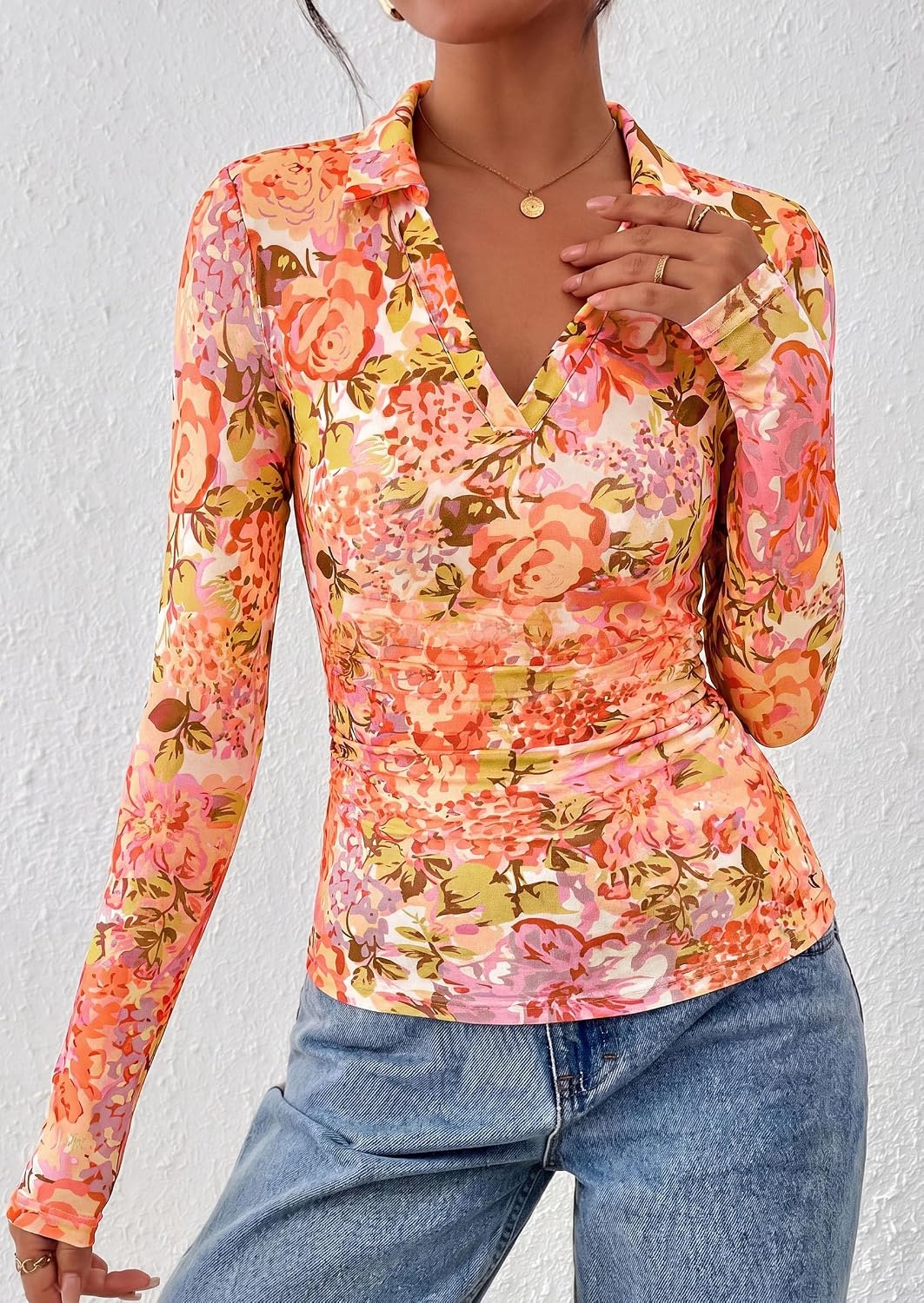 image:imagePRETTYGARDEN Women Long Sleeve Boho Floral Mesh TopsRed Pink