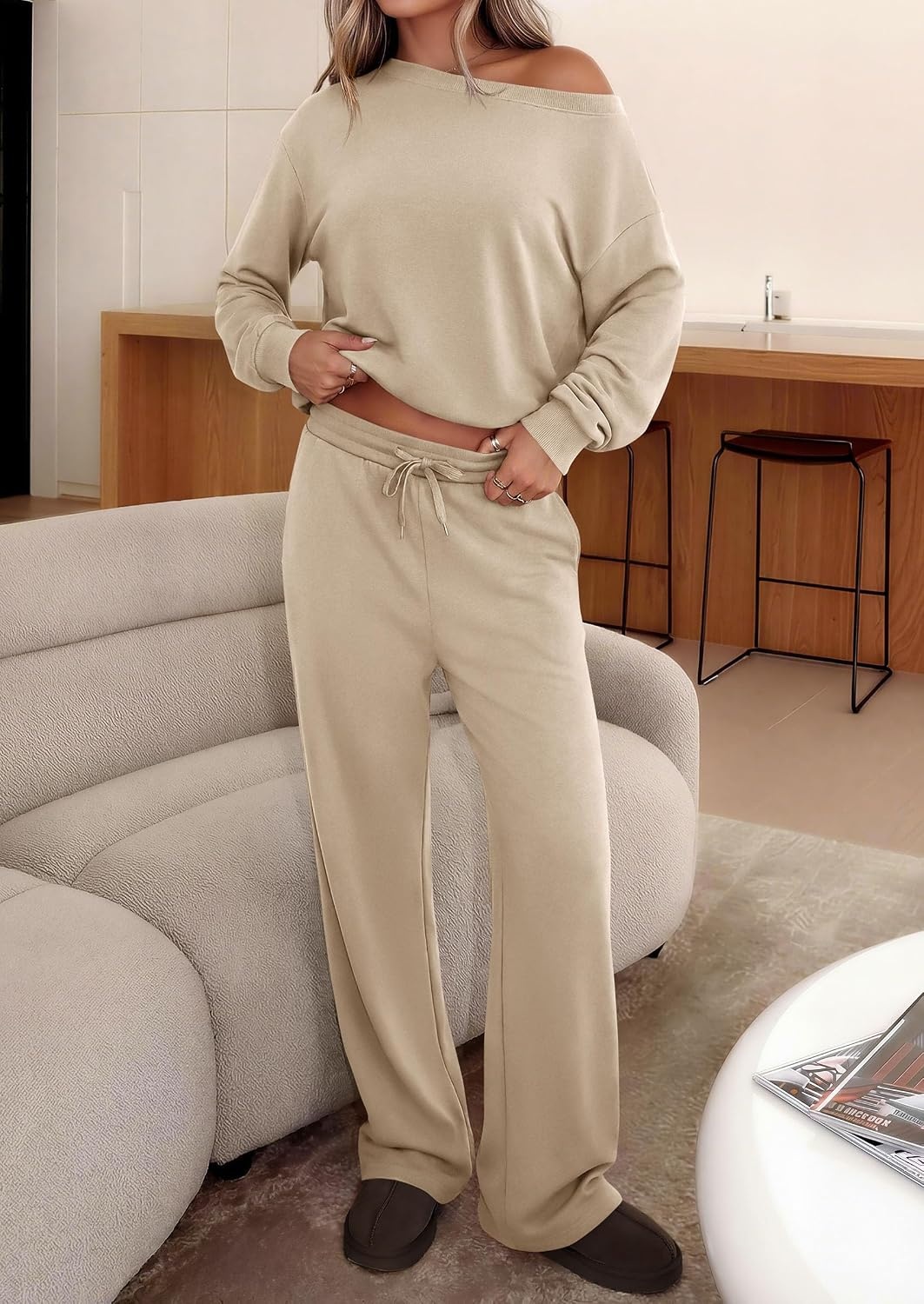 image:imagePRETTYGARDEN Womens 2 Piece Casual Matching Lounge SetsBeige