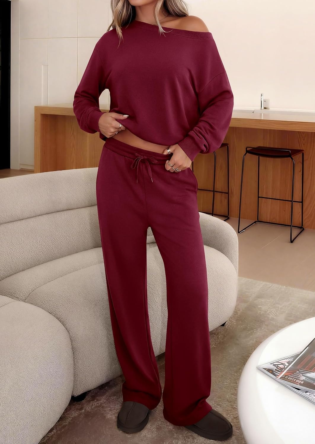 image:imagePRETTYGARDEN Womens 2 Piece Casual Matching Lounge SetsWine Red