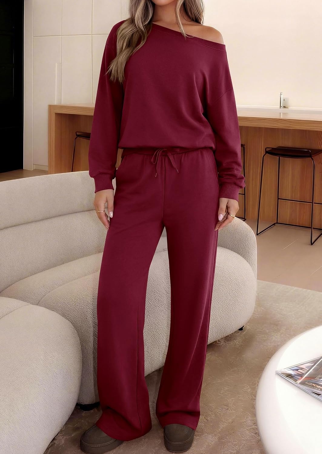 image:imagePRETTYGARDEN Womens 2 Piece Casual Matching Lounge SetsWine Red