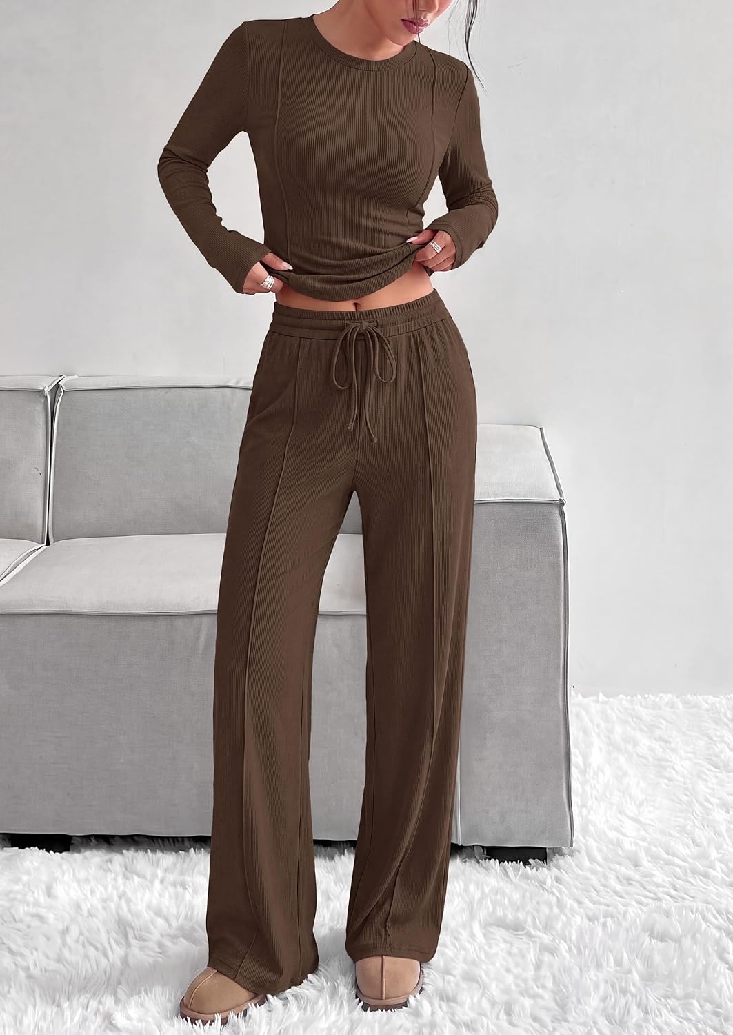 image:imagePRETTYGARDEN Womens 2 Piece Sets Long Sleeve OutfitsBrown