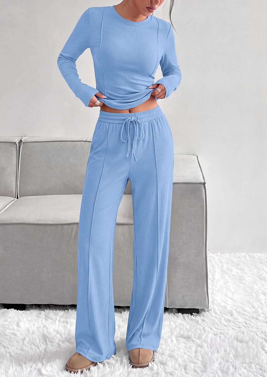 image:imagePRETTYGARDEN Womens 2 Piece Sets Long Sleeve OutfitsLight Blue
