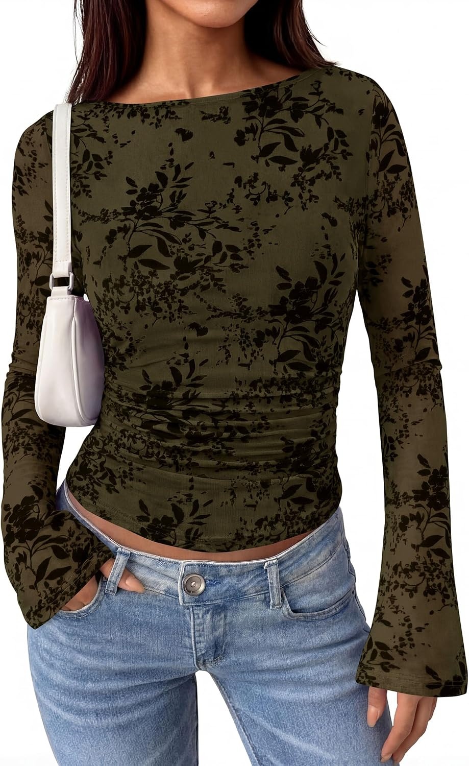 image:imagePRETTYGARDEN Womens Bell Sleeve Floral Mesh Crop TopsArmy Green