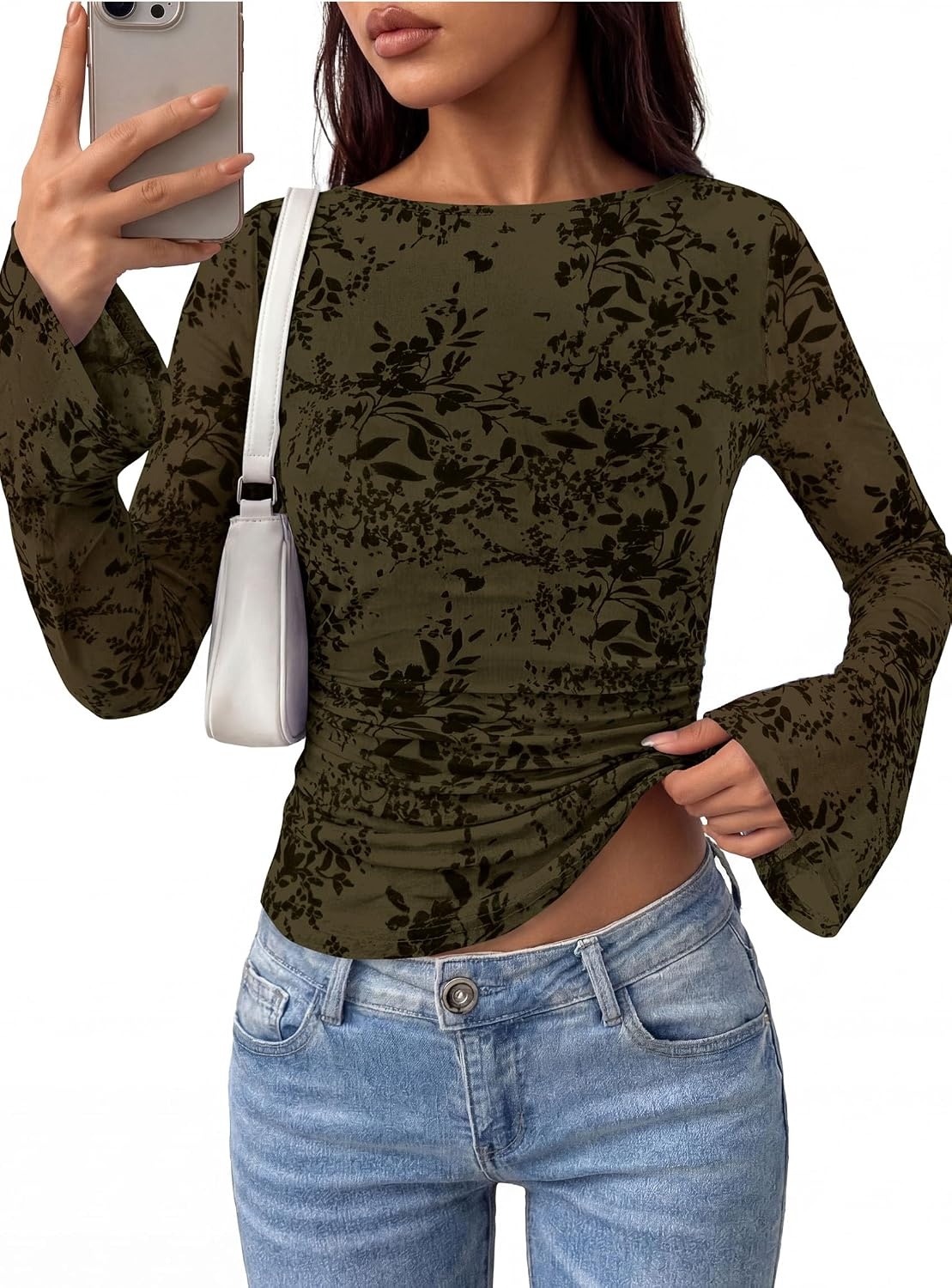 image:imagePRETTYGARDEN Womens Bell Sleeve Floral Mesh Crop TopsArmy Green