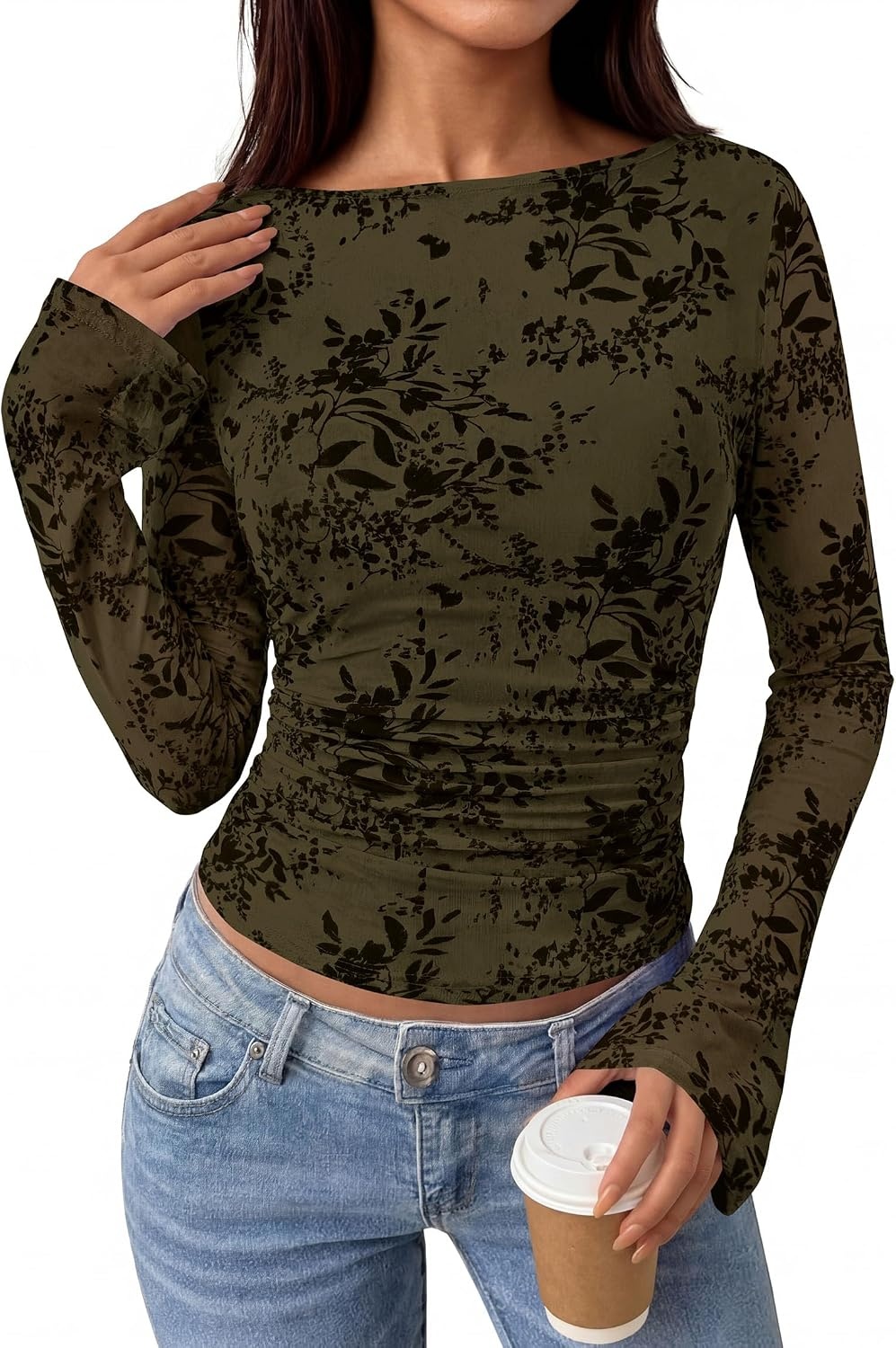 image:imagePRETTYGARDEN Womens Bell Sleeve Floral Mesh Crop TopsArmy Green