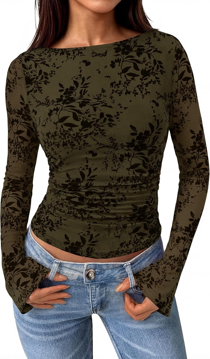 image:imagePRETTYGARDEN Womens Bell Sleeve Floral Mesh Crop TopsArmy Green