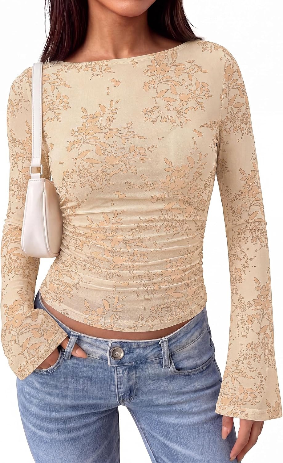 image:imagePRETTYGARDEN Womens Bell Sleeve Floral Mesh Crop TopsBeige