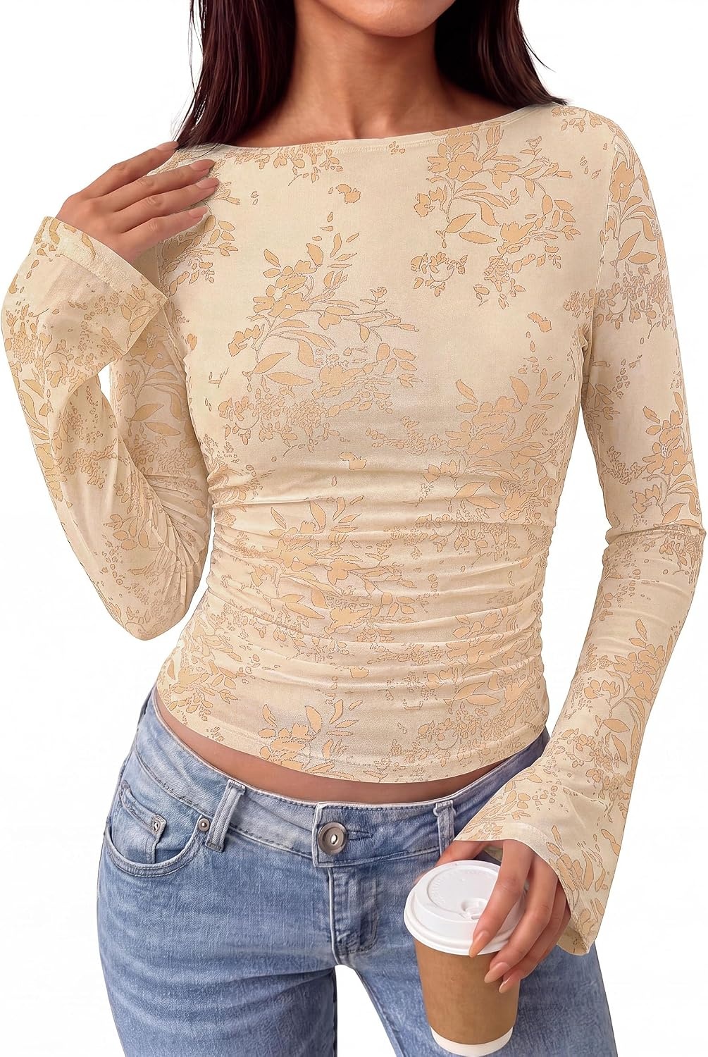 image:imagePRETTYGARDEN Womens Bell Sleeve Floral Mesh Crop TopsBeige